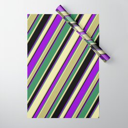 [ Thumbnail: Colorful Sea Green, Pale Goldenrod, Dark Khaki, Black & Dark Violet Colored Lined Pattern Wrapping Paper ]