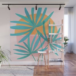 Teal and Pink Retro Sunset Palms Wall Mural
