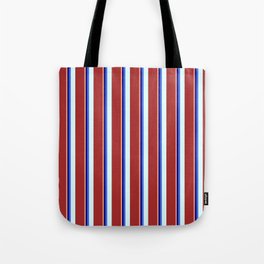 [ Thumbnail: Eyecatching Light Salmon, Blue, Royal Blue, Light Cyan, and Brown Colored Lined/Striped Pattern Tote Bag ]