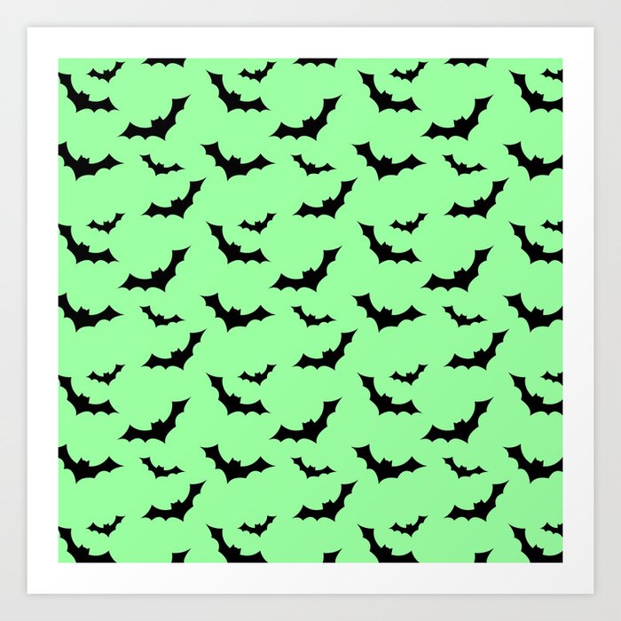 Black Bat Pattern on Chrysoprase Green Art Print