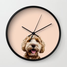 Happy Goldendoodle on Pastel Pink Background Wall Clock