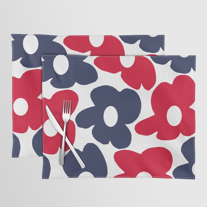Large Blue and Red Retro Flowers White Background #decor #society6 #buyart Placemat