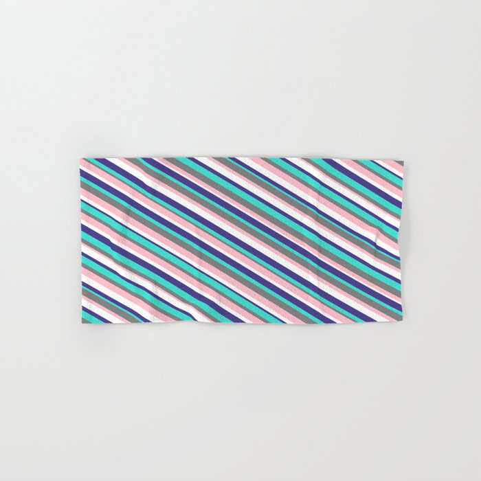 Vibrant Gray, Pink, White, Dark Slate Blue & Turquoise Colored Striped Pattern Hand & Bath Towel