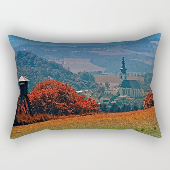 A hunting perch, a village and some vivid scenery Rectangular Pillow