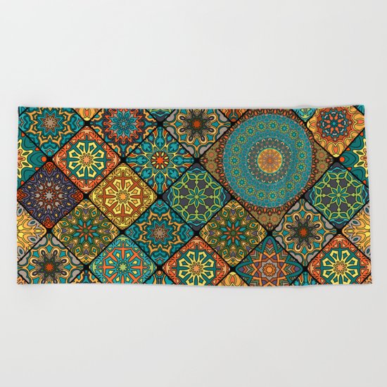 Vintage patchwork with floral mandala elements Beach Towel