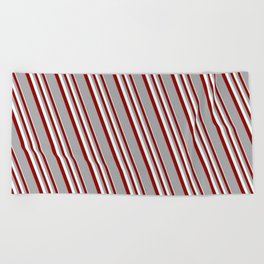 [ Thumbnail: Mint Cream, Dark Red, and Dark Grey Colored Lines Pattern Beach Towel ]