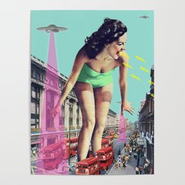Rush Hour Madness Poster | Surreal, Feminist, Double Decker, Women, Uk, 50S, Ufos, Retro, Extraterrestrial, Vintage 