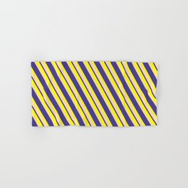 [ Thumbnail: Yellow, Tan, and Dark Slate Blue Colored Striped/Lined Pattern Hand & Bath Towel ]