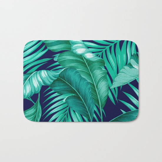 HAWAIIAN GARDEN TROPICAL LEAVES | turquoise navy Bath Mat