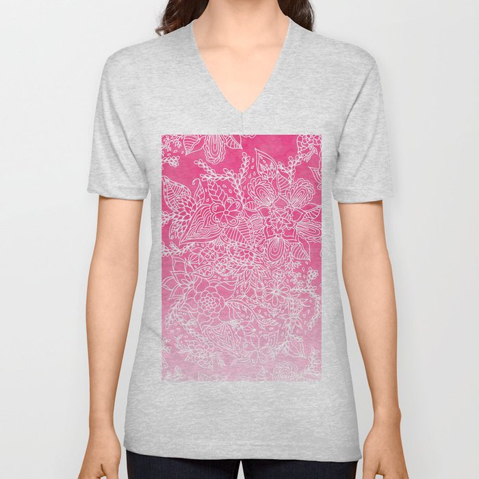 Modern girly floral pattern pink ombre watercolor pattern V Neck T Shirt