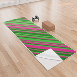 [ Thumbnail: Deep Pink, Green & Lime Green Colored Lines Pattern Yoga Towel ]