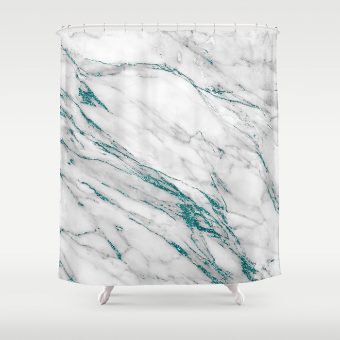 Gray Marble Aqua Teal Metallic Glitter Foil Style Shower Curtain