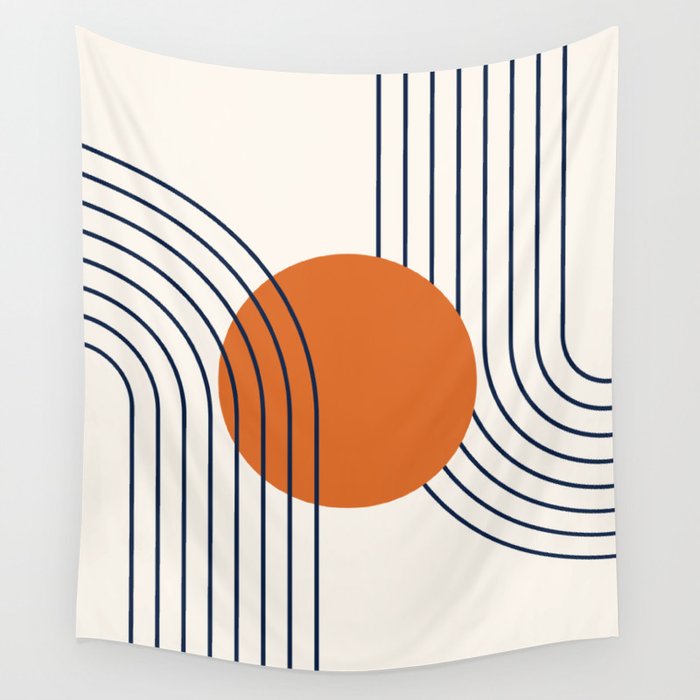Geometric Lines in Navy Blue Orange 1 (Rainbow Abstraction) Wall Tapestry