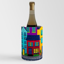 Dot Painting Colorful Village Houses, Hills, and Garden Wine Chiller