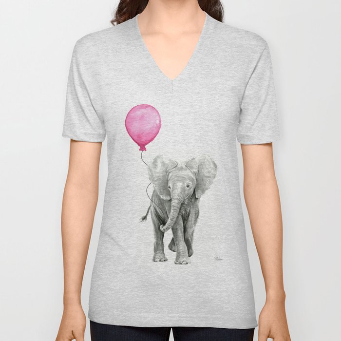 Baby Elephant with Pink Balloon V Neck T Shirt
