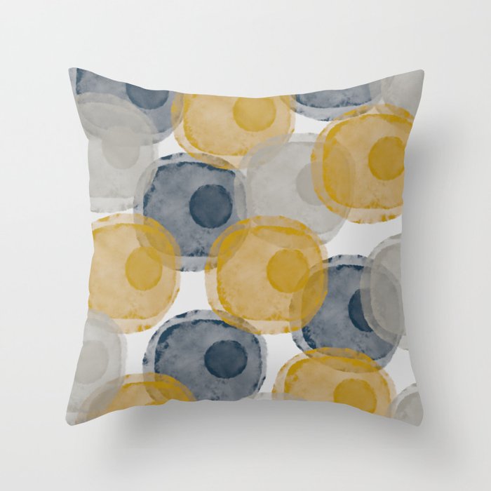 Nuclei - Abstract Watercolor Dot Pattern in Mustard Gold, Navy Blue, and Gray Throw Pillow