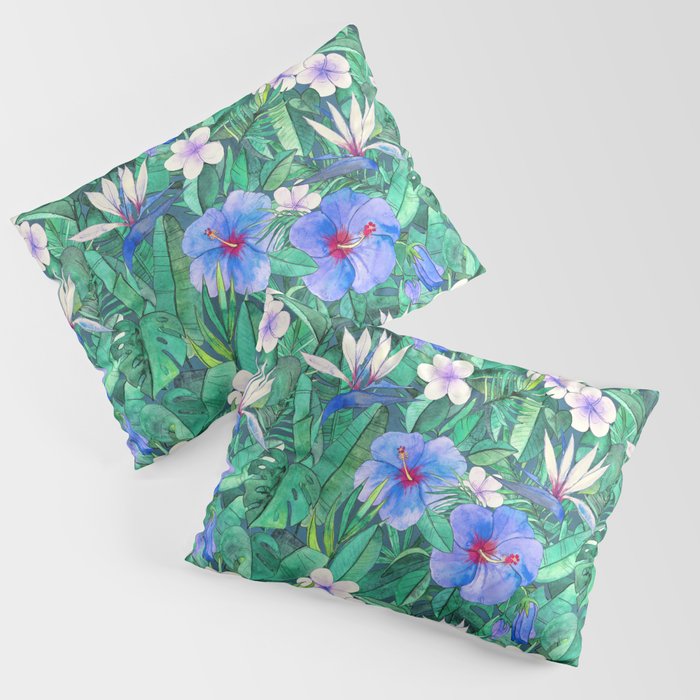 White Bird of Paradise & Blue Hibiscus Tropical Garden Pillow Sham