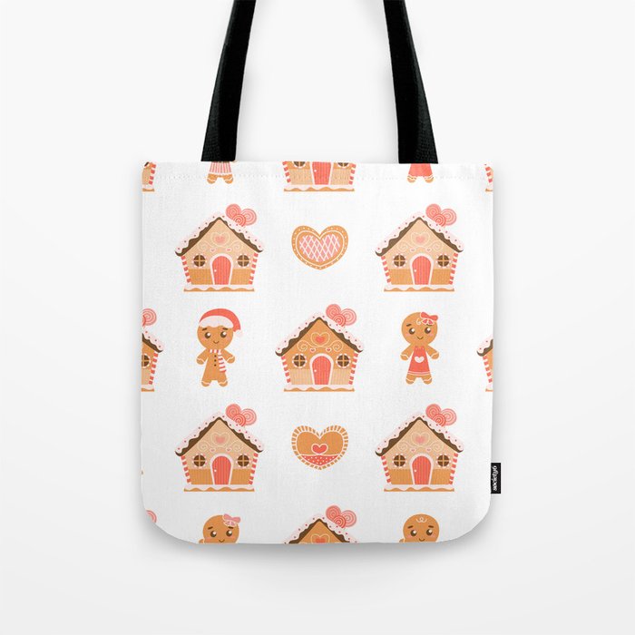 Christmas Gingerbread Man and Houses Seamless Pattern on White Background Tote Bag