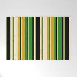 [ Thumbnail: Goldenrod, Beige, Black & Forest Green Colored Striped Pattern Welcome Mat ]