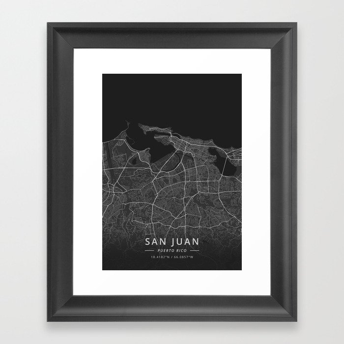 San Juan, Puerto Rico - Dark Map Framed Art Print