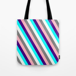 [ Thumbnail: Colorful Indigo, Cyan, Mint Cream, Grey, and Light Pink Colored Lined/Striped Pattern Tote Bag ]