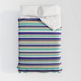 [ Thumbnail: Colorful Dim Grey, Tan, Turquoise, White, and Dark Blue Colored Lined Pattern Duvet Cover ]