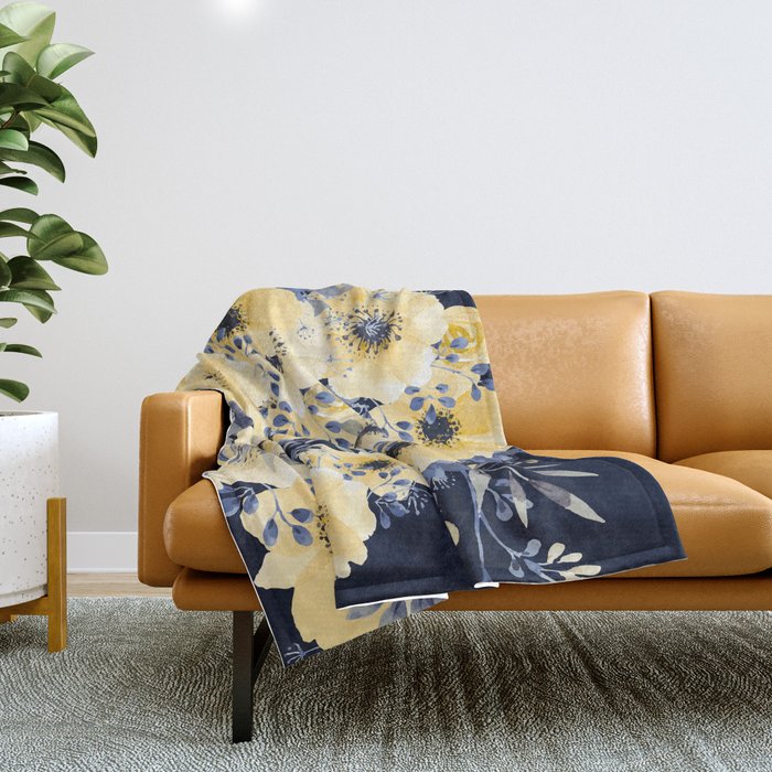 Floral Watercolor Print, Yellow and Navy Blue Throw Blanket
