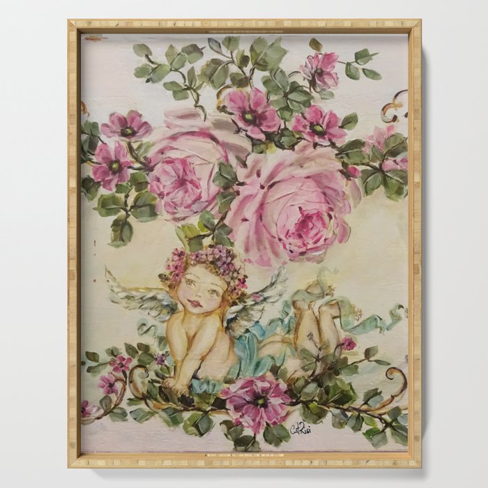 Sweet Cherub and Pink Roses Painting Serving Tray