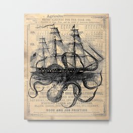 Octopus Kraken attacking Ship Antique Almanac Paper Metal Print