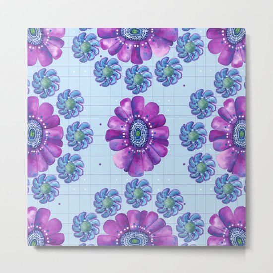 Flower Pattern in Purple and Blue Metal Print