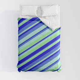 [ Thumbnail: Turquoise, Light Green, Blue, and Royal Blue Colored Stripes/Lines Pattern Comforter ]