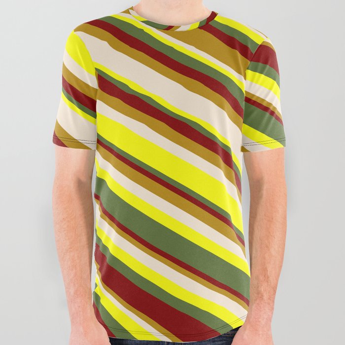 Eyecatching Maroon, Dark Goldenrod, Beige, Yellow & Dark Olive Green Colored Striped Pattern All Over Graphic Tee