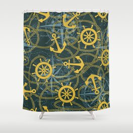 Marine anchor ship rudder and rope with wind rose compass and nautical map background seamless pattern Shower Curtain
