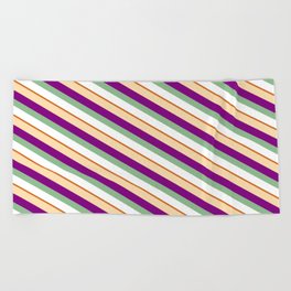 [ Thumbnail: Colorful Tan, Purple, Dark Sea Green, White, and Chocolate Colored Lines/Stripes Pattern Beach Towel ]