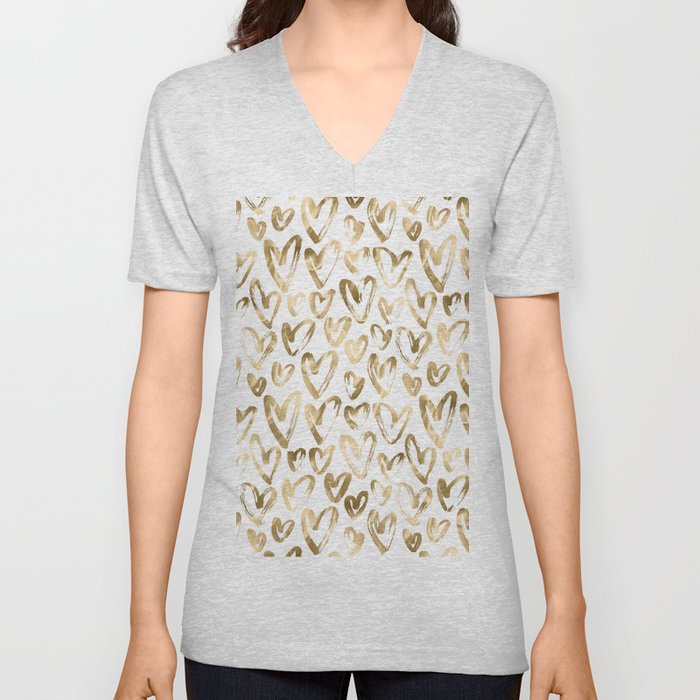 Gold Love Hearts Pattern on White V Neck T Shirt