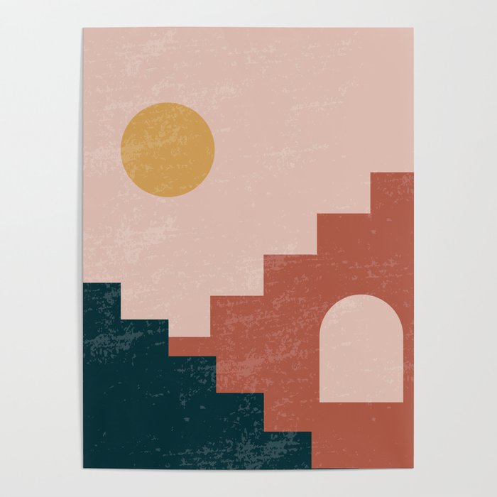 Southwestern Rustic Scene Illustration - Desert Sun Adobe Houses Poster