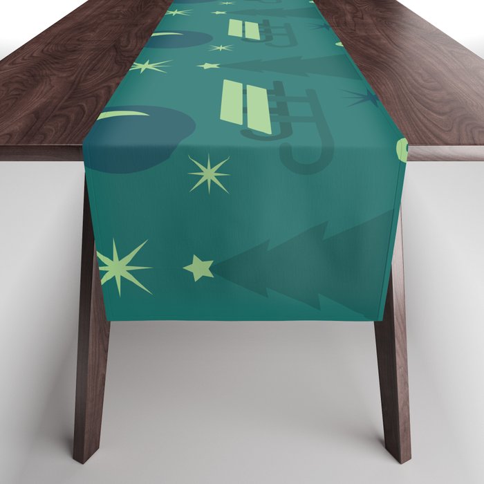 Christmas Vintage Green Blue Sleigh Table Runner