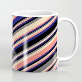 [ Thumbnail: Vibrant Black, Dim Gray, Tan, Salmon & Midnight Blue Colored Stripes Pattern Coffee Mug ]