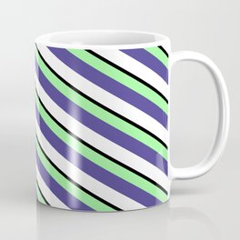 [ Thumbnail: Green, Dark Slate Blue, White & Black Colored Striped Pattern Coffee Mug ]
