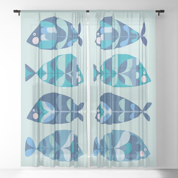 Mid Century Blue Fish Sheer Curtain