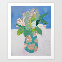 Lily and Eucalyptus Bouquet in Blue and Peach Floral Vase Art Print
