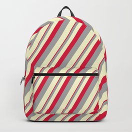 [ Thumbnail: Crimson, Dark Grey, and Light Yellow Colored Stripes Pattern Backpack ]