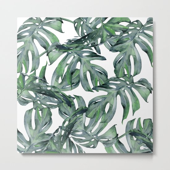 Tropical Palm Leaves Green and White Metal Print