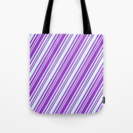 [ Thumbnail: Dark Orchid & Light Cyan Colored Stripes/Lines Pattern Tote Bag ]