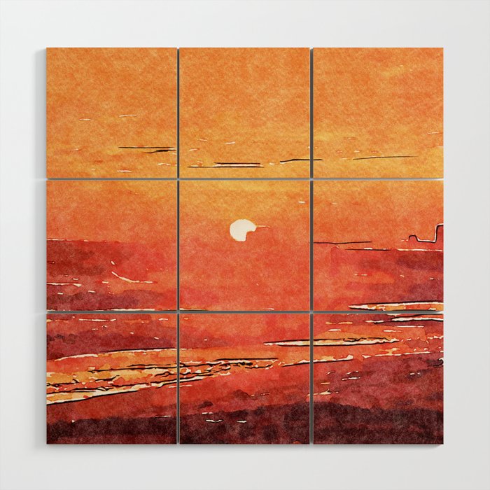 Sunset of Royal Red Watercolor Wood Wall Art