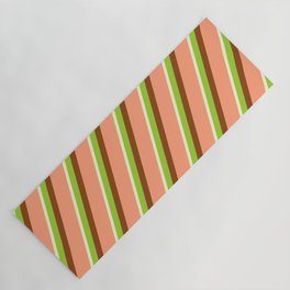 [ Thumbnail: Light Yellow, Green, Brown & Light Salmon Colored Lined/Striped Pattern Yoga Mat ]