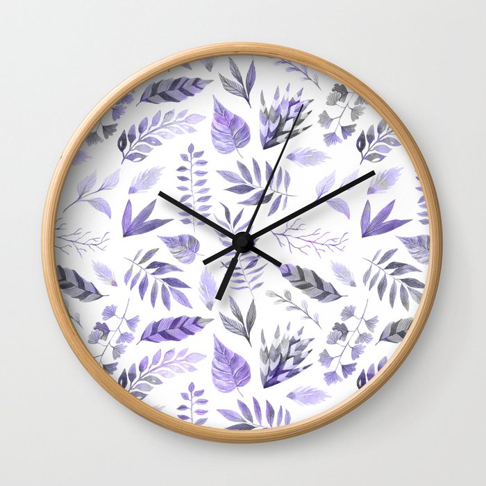 Modern hand painted purple violet watercolor leaves Wall Clock