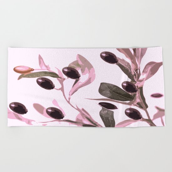 Olive tree branch with pink tones on white background Beach Towel