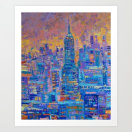 Manhattan, palette knife abstract vibrant new york city skyline sunset cityscape Art Print