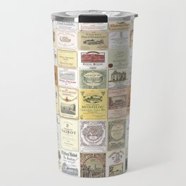 Famous French wine labels collage: vintages from Bordeaux/Rhone Travel Mug